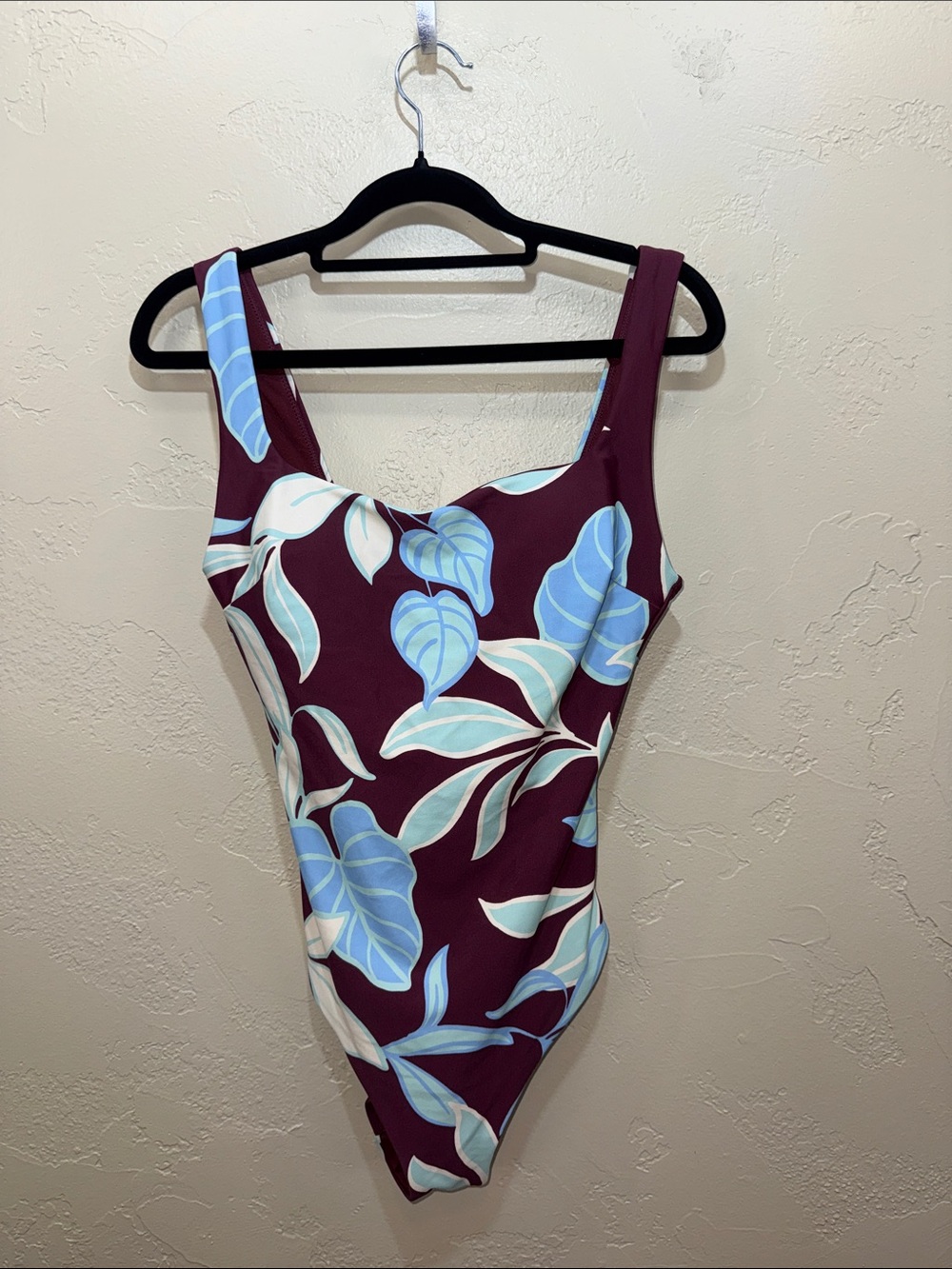 Shade & Shore Tropical Leaf One Piece Swimsuit S 4/6 Burgundy Blue NWOT